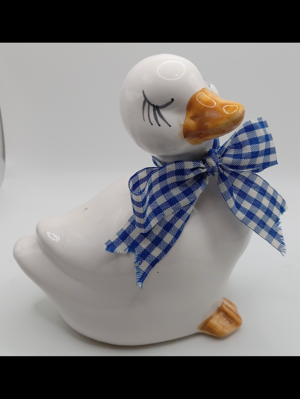 White Ceramic Duck Figurine with Eyelashes and Blue Gingham Bow Artmark Taiwan